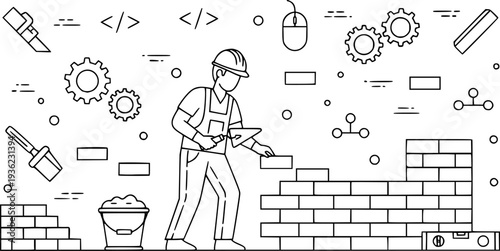 Professional bricklayer and masonry line icon set featuring construction tools brick wall building process mortar trowel and digital web development concept symbols vector