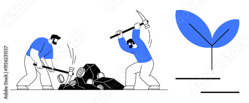 Workers using pickaxes to split rocks paired with a sprouting leaf symbol. Ideal for growth, teamwork, sustainability, effort, resource extraction, environmental balance, simple flat metaphor