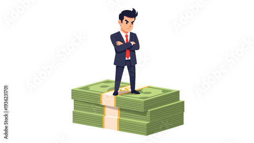 Confident businessman cartoon standing on a huge stack of cash, symbolizing financial success and wealth
