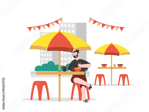 A man eating at an outdoor street food cafe. Asian street food illustrations. Flat vector concept.