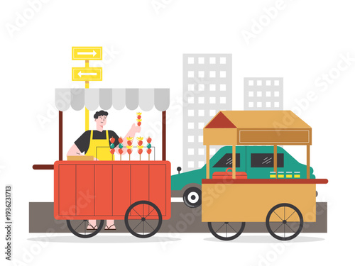 A street vendor selling food from a cart in a city. Asian street food illustrations. Flat vector concept.