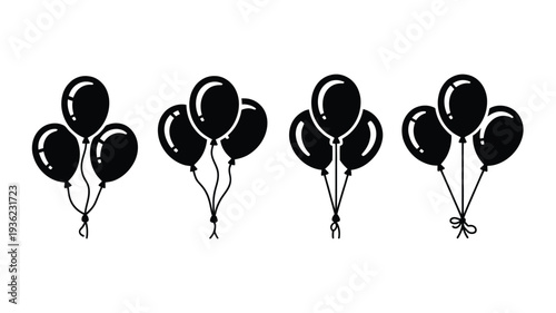 Balloon icon vector set, black filled party decoration symbols for celebration, birthday events, holiday design, festive graphics, and entertainment branding
