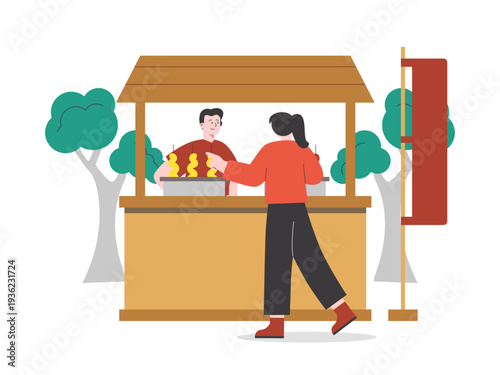 A local market scene with a customer purchasing food from a seller at a stall.  Asian street food illustrations. Flat vector concept.