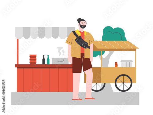 An Indonesian street food vendor, likely selling traditional dishes like fried rice or meatball. Asian street food illustrations. Flat vector concept.