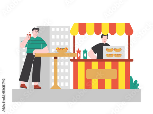 A street food vendor selling hot dogs. Asian street food illustrations. Flat vector concept.