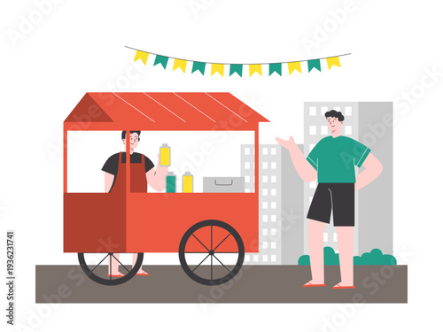 Indonesian street food scene featuring a mobile food cart vendor.  Asian street food illustrations. Flat vector concept.