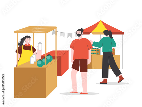 Local street market scene with sellers and buyers interacting at food stalls. Asian street food illustrations. Flat vector concept.
