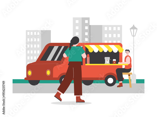 A mobile coffee truck serving a customer on a city street. 
Asian street food illustrations. Flat vector concept.
