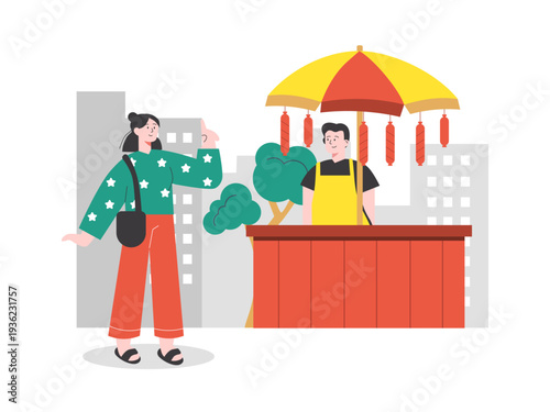 A street food vendor serving a customer at a stall in a city setting. Asian street food illustrations. Flat vector concept.