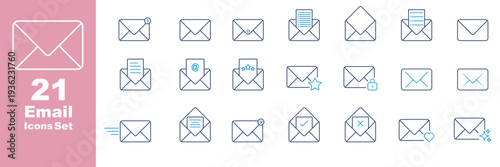 Email Marketing and Newsletter Envelope Icons. Minimal Mail Campaign Vector Set. Email Web Icon Set in Line Style. Collection of E-mail, Letter Linear Icons, Including postal, letter sent, inbox reply