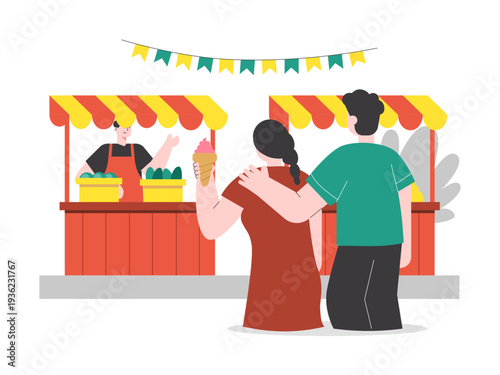 A couple visiting a market or food fair. Asian street food illustrations. Flat vector concept.