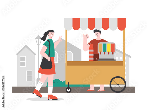 A salesperson is interacting with a customer at a small wheeled cart. Asian street food illustrations. Flat vector concept.