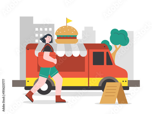 Street food hamburger seller. Asian street food illustrations. Flat vector concept.