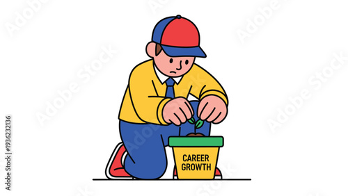 Cartoon man planting a sprout in a pot labeled 'Career Growth', symbolizing professional development and future success
