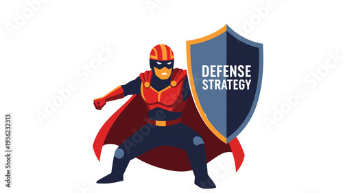 Superhero Holding Defense Strategy Shield. Business Protection & Security Concept Illustration.