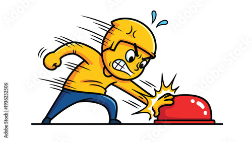 Frustrated Worker Pushes Big Red Button in Stressful Work Environment