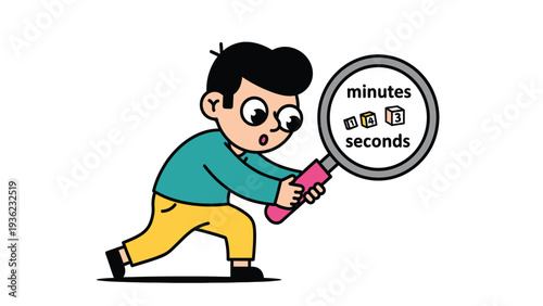 Curious cartoon boy exploring time concepts like minutes and seconds with a magnifying glass