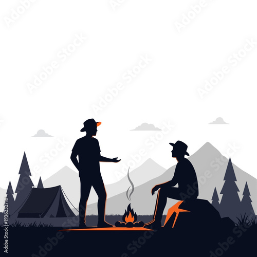 Two hikers sharing stories by a campfire at a mountain campsite, vector illustration