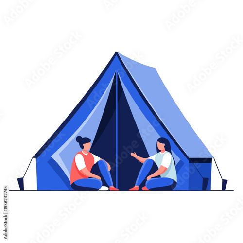 Two women sitting outside blue tent, camping trip, outdoor adventure, summer vacation, friendship