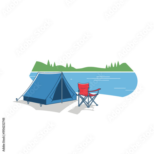 Blue Camping Tent and Red Chair by Lake, Outdoor Adventure