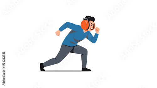 Focused man in earmuffs in a dynamic starting position, ready to sprint. Noise protection and concentration concept.