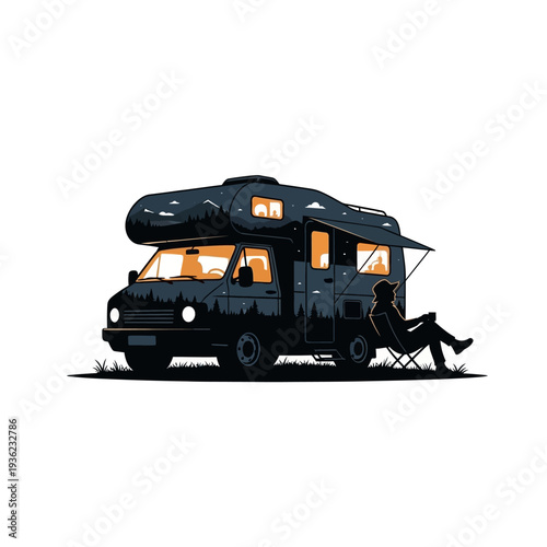 Campervan Adventure: Person Relaxing by RV in Nature, Illuminated Windows