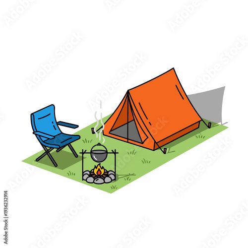 Camping scene with orange tent, blue chair, and campfire cooking