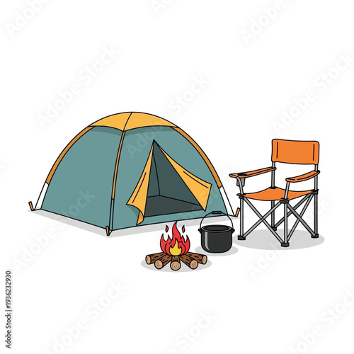 Camping Scene with Tent, Campfire, and Chair - Outdoor Adventure Illustration
