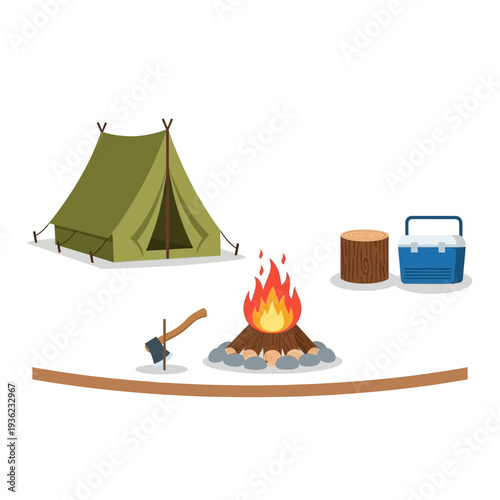 Camping scene with tent, campfire, axe, cooler, and wood log