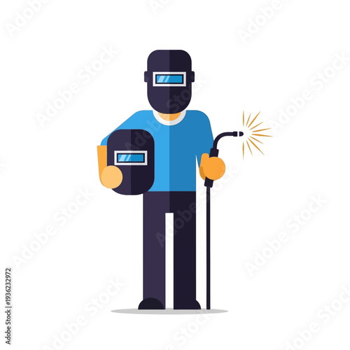 Welder in protective gear welding metal.