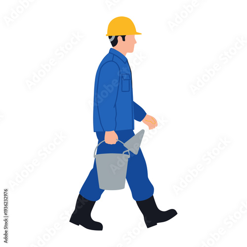 Worker in yellow helmet carrying bucket.