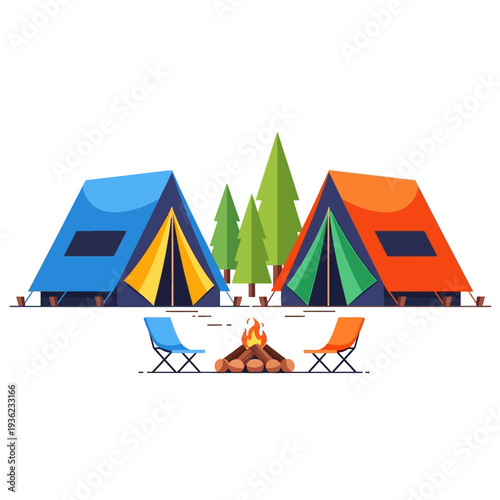Camping tents, campfire, and chairs illustration