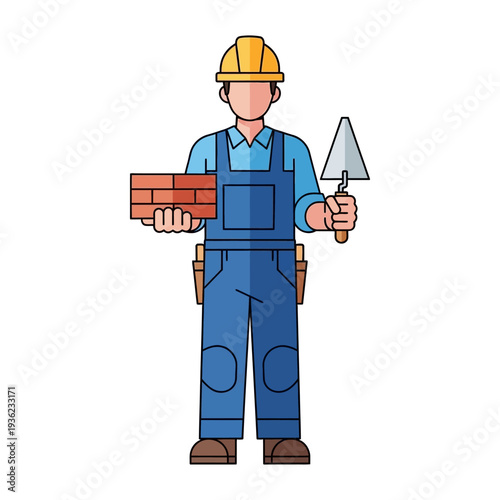Construction worker with bricks and trowel.