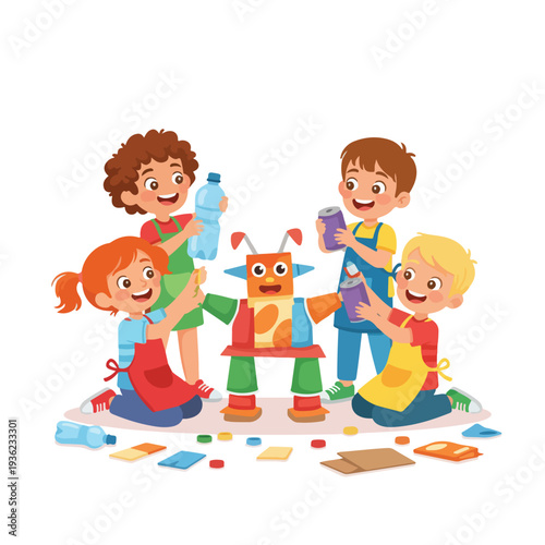 Four smiling children in aprons collaboratively construct a vibrant robot from upcycled materials like plastic bottles, cans, and cardboard on the floor.