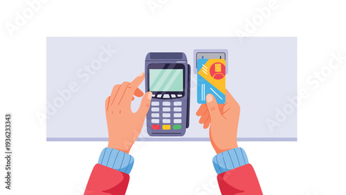 Contactless Payment: Hands using credit card on POS terminal. Digital transaction, retail purchase.