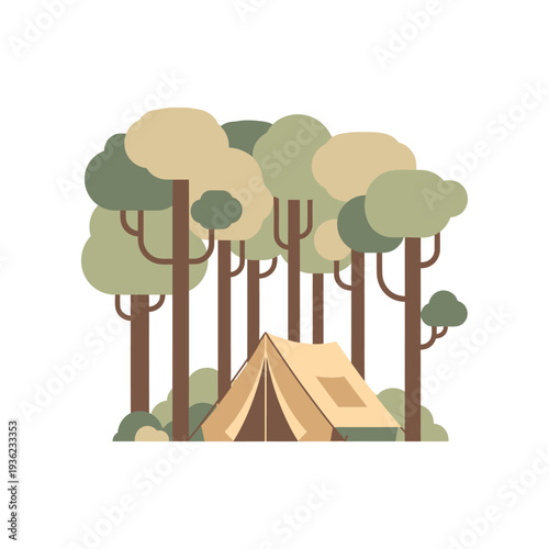 Cozy tent pitched in a minimalist forest, outdoor camping adventure scene