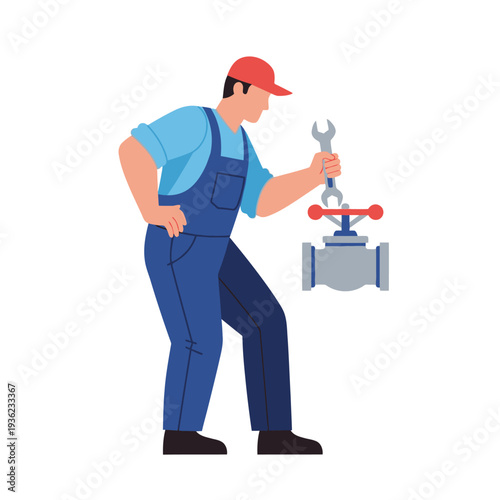 Plumber repairing valve with wrench.