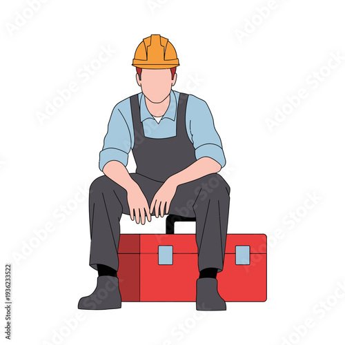 construction worker sitting on toolbox wearing hardhat.