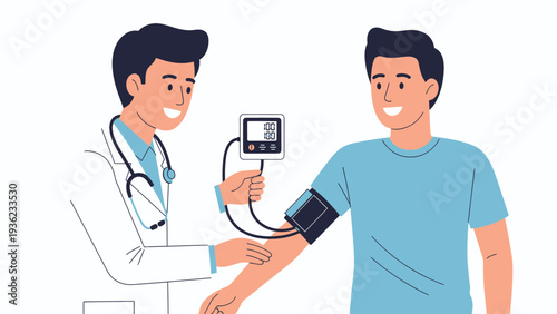 Smiling doctor measures patient's blood pressure during a routine medical check-up. Healthcare and wellness illustration.