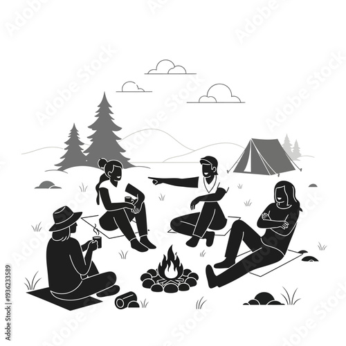 Friends camping around campfire in nature, black and white illustration