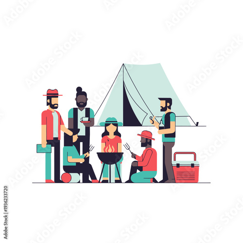 Friends having a barbecue party outdoors near a tent, camping trip, summer fun