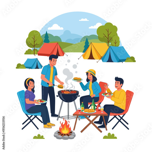 Happy people enjoying a summer barbecue picnic in a scenic campsite