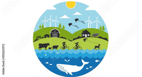 Earth Day Circular illustration envisioning a sustainable future, blending green energy with rural charm, happy children, farm animals, and marine life in a harmonious, eco-conscious landscape
