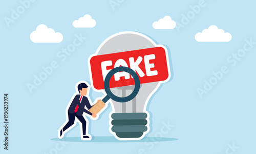 Businessman using magnifying glass to inspect fake label on light bulb illustration of analyzing originality of business ideas and innovation