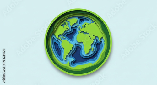 Earth Day Paper cutout of planet earth in layered green and blue hues, representing environmental consciousness and global unity