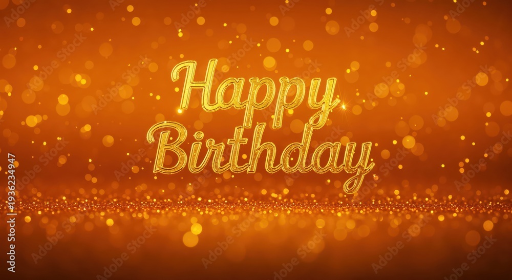 Naklejka premium Golden Happy Birthday: A vibrant, golden Happy Birthday text, adorned with sparkling confetti and a warm, inviting glow, celebrates another year of life.
