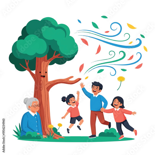 Happy family and grandmother enjoying a windy day under a smiling tree in a park