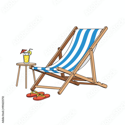 Relaxing Outdoor Beach Scene with Lounge Chair Sandals and Refreshing Drink
