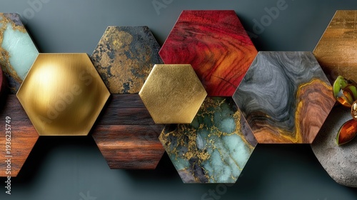 Close up abstract of modern wall with hexagonal 3D art piece made of polished gold and dark wood panels with dramatic side lighting and shadows.