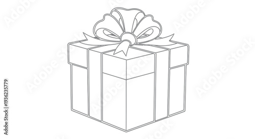 Line art illustration of a gift box with a decorative bow on top